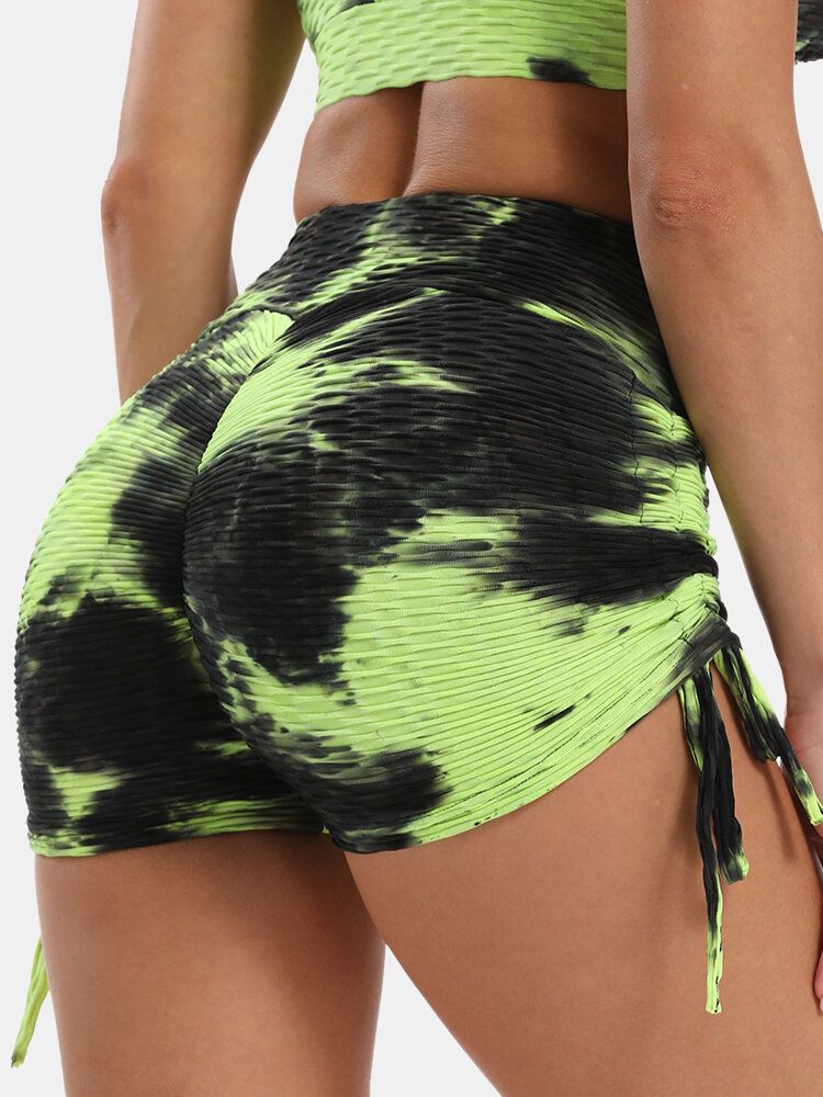 Frauen Tie Dye Jacquard Seitlicher Kordelzug Yoga Soprt High Waist Shorts