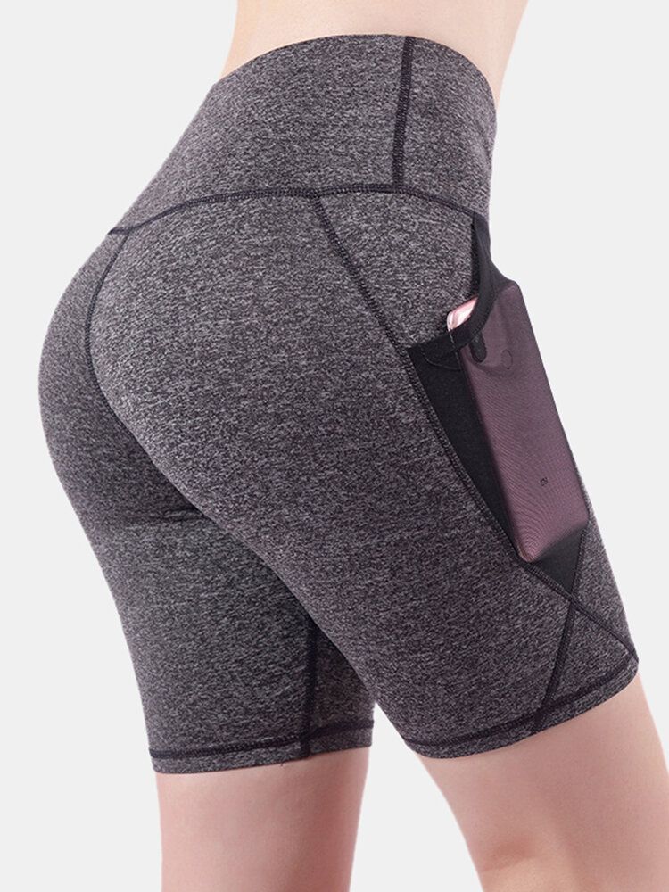 Frauen Trocknen Schnell Einfarbige Sport-bikershorts Mit Hoher Taille Und Netztaschen