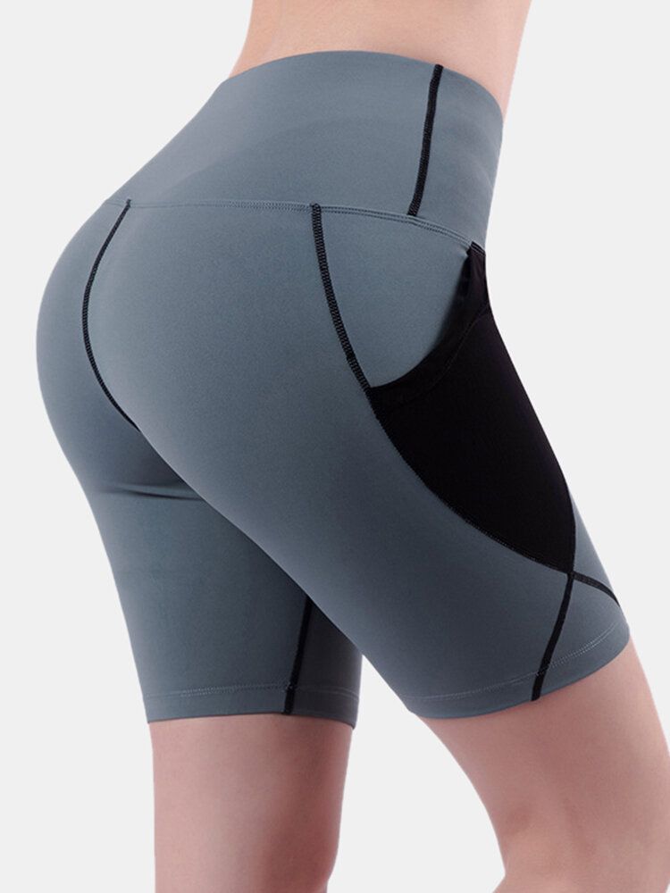 Frauen Trocknen Schnell Einfarbige Sport-bikershorts Mit Hoher Taille Und Netztaschen