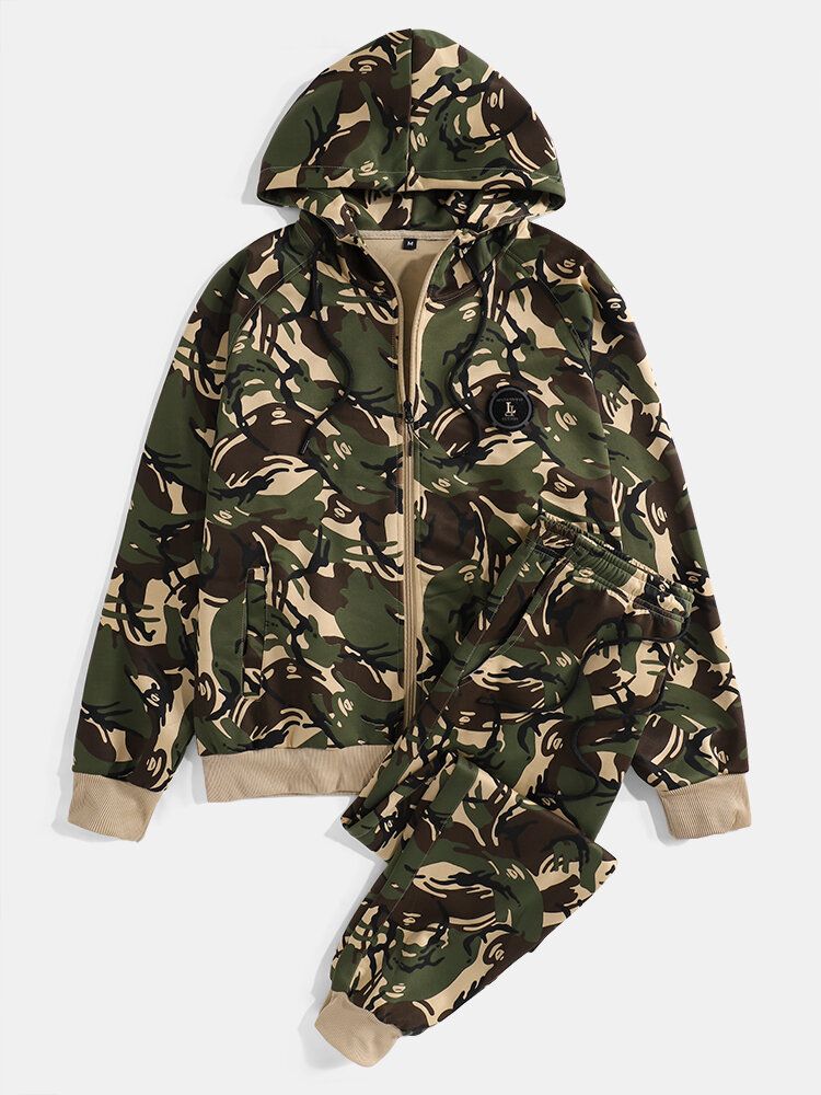 Herren Camouflage-print Kapuzenjacke Joggerhose Sportlich Lässig Zweiteilige Outfits