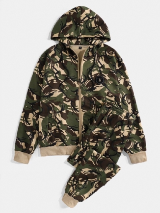 Herren Camouflage-print Kapuzenjacke Joggerhose Sportlich Lässig Zweiteilige Outfits