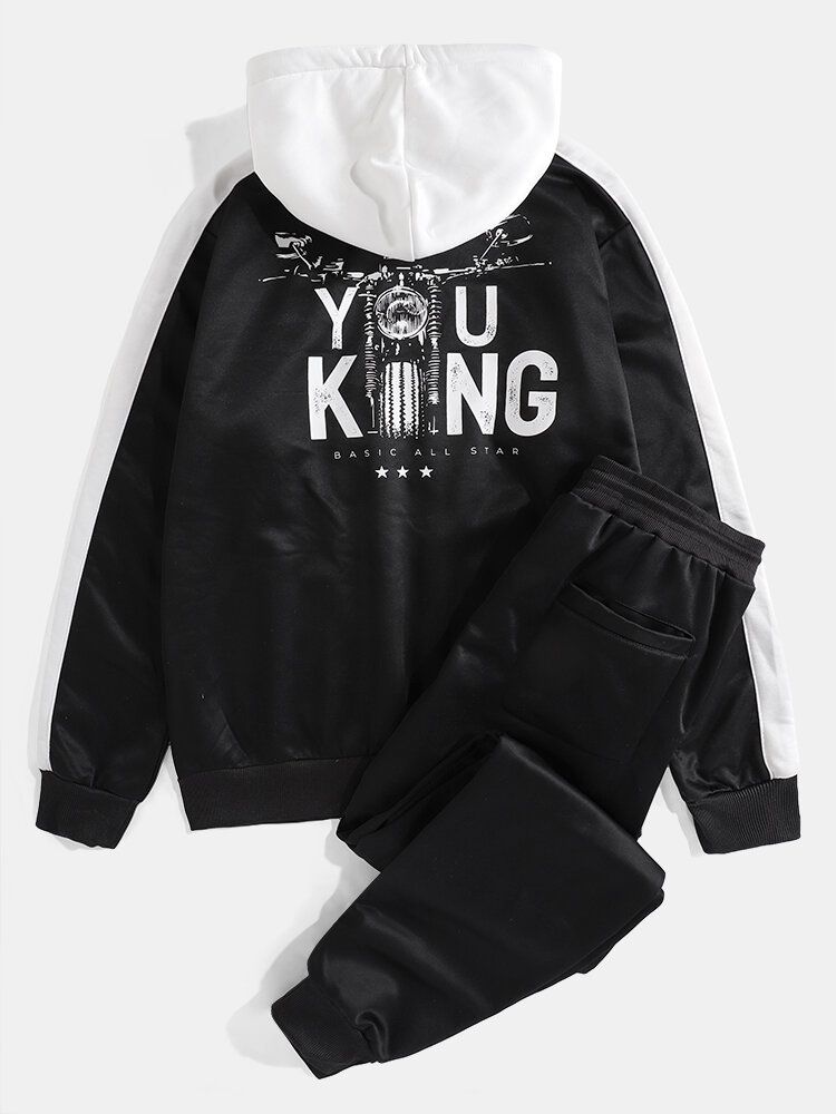 Herren-kontrastfarbe You King Back Print Hooded Sports Casual Zweiteilige Outfits