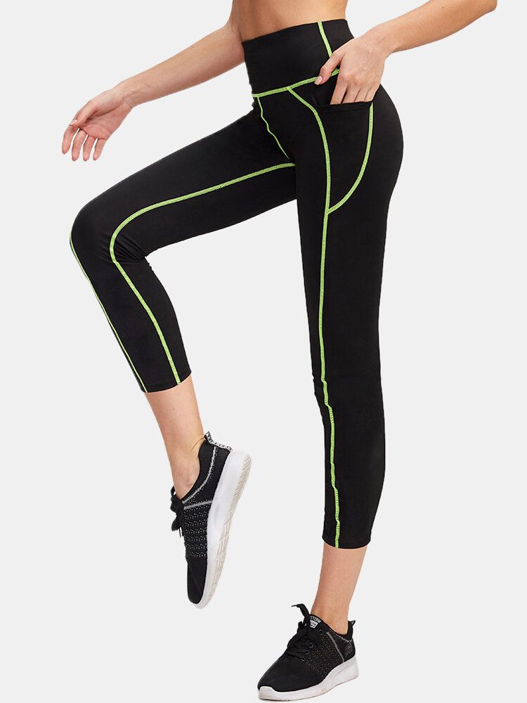 Sport Frauen Feuchtigkeitsableitende Schlanke Schwarze Hose Mit Hoher Taille Und Tasche