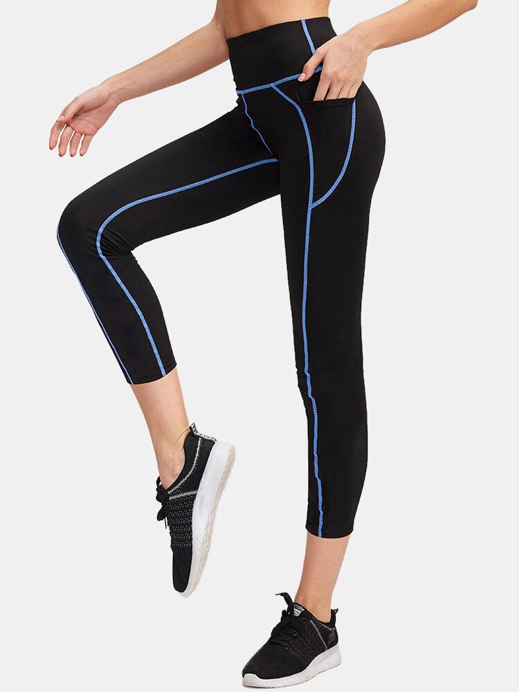 Sport Frauen Feuchtigkeitsableitende Schlanke Schwarze Hose Mit Hoher Taille Und Tasche