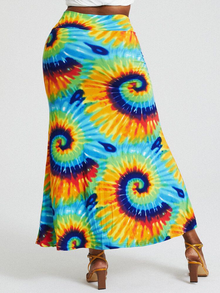 Bohemia Tie Dye Print Gesäß Mit Hoher Taille Figurbetonter Langer Rock