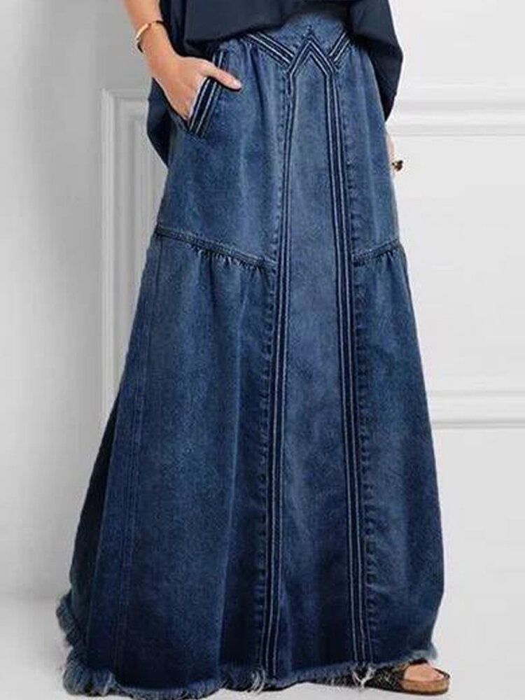 Damen Distressed Solid Color Elastic Waist Loose Denim Rock Mit Tasche