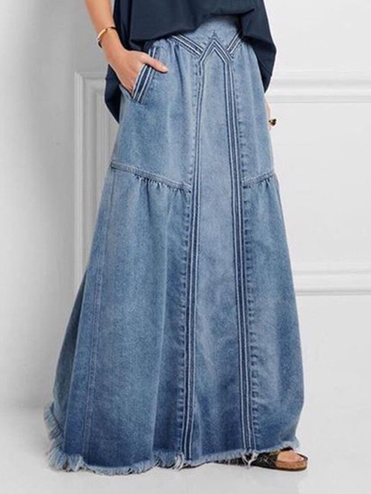 Damen Distressed Solid Color Elastic Waist Loose Denim Rock Mit Tasche