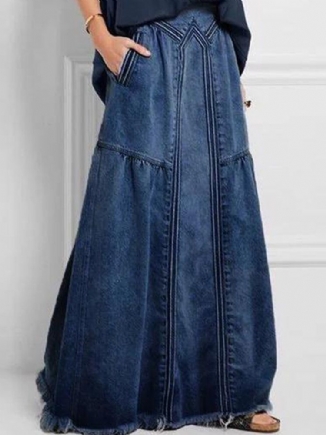 Damen Distressed Solid Color Elastic Waist Loose Denim Rock Mit Tasche