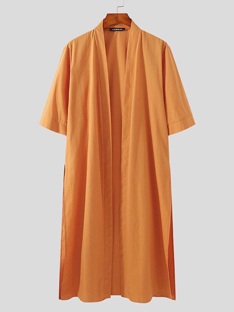 Einfarbiger Vorne Offener Seitlich Geschlitzter Lässiger Kaftan Langer Kimono Für Herren