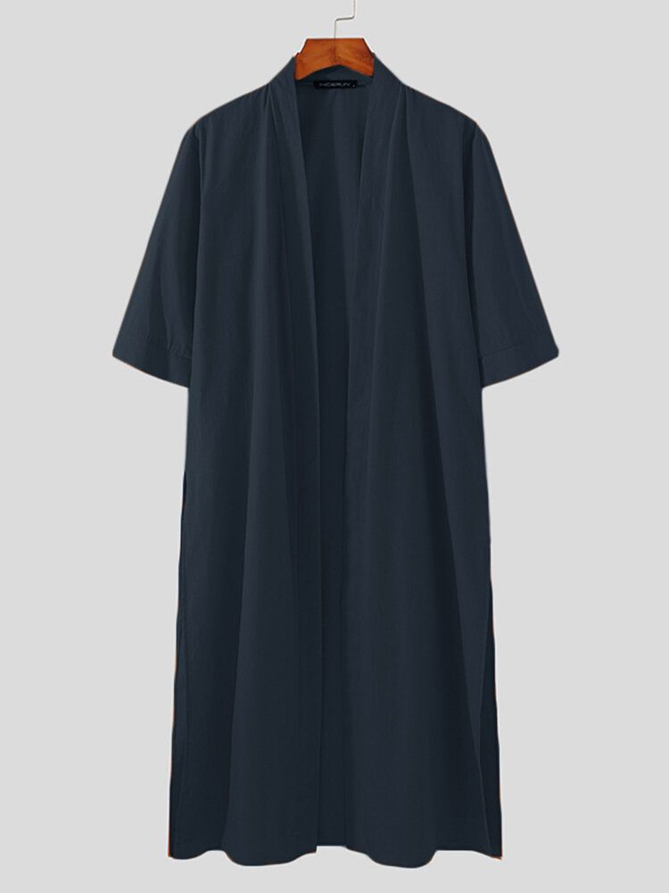 Einfarbiger Vorne Offener Seitlich Geschlitzter Lässiger Kaftan Langer Kimono Für Herren