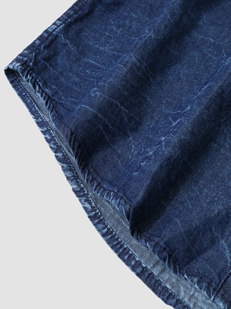 Freizeithemden Aus Denim Mit Flachen Taschen Einfarbig Knopf Kurzärmlig