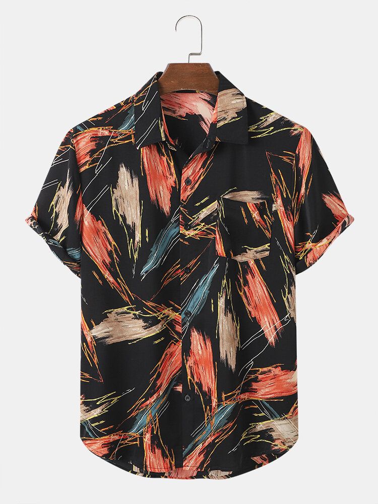 Herren All Over Brush Print Button Up Holiday Kurzarmhemden