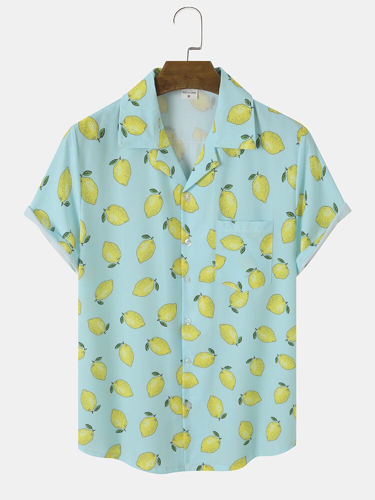 Herren Allover Lemon Print Single Pocket Reverse Collar Weiche Atmungsaktive Freizeithemden