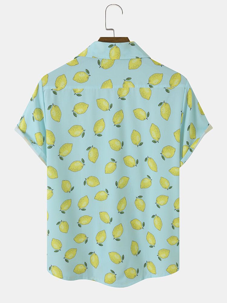 Herren Allover Lemon Print Single Pocket Reverse Collar Weiche Atmungsaktive Freizeithemden