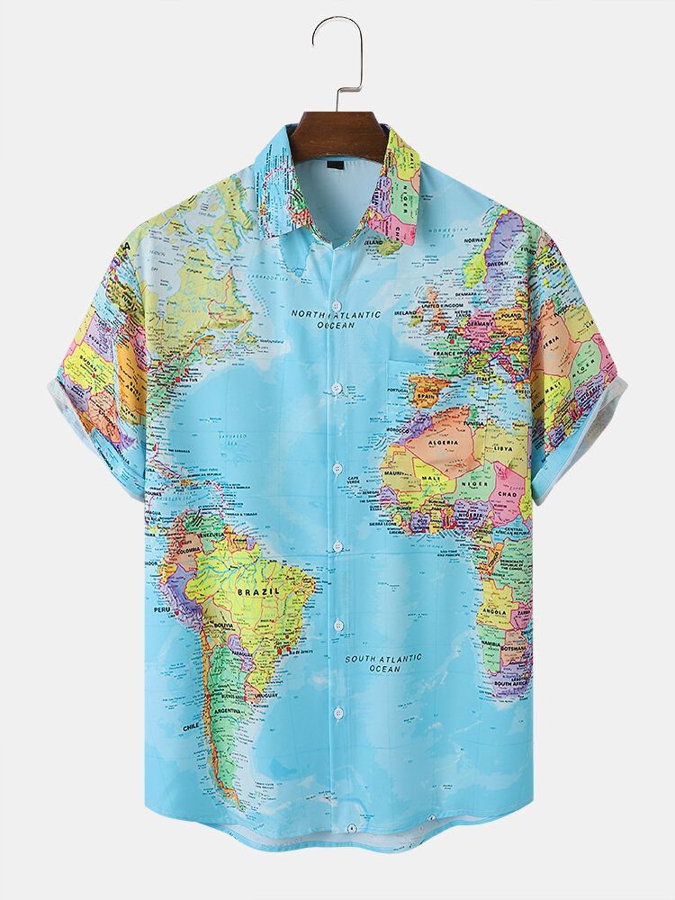 Herren Allover Map Graphic Saum Bündchen Leisure Fit Hautfreundliche All Matched Shirts