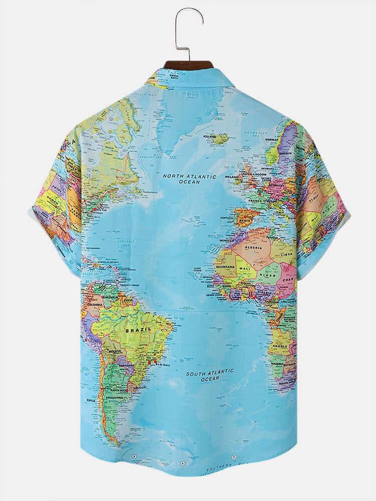 Herren Allover Map Graphic Saum Bündchen Leisure Fit Hautfreundliche All Matched Shirts