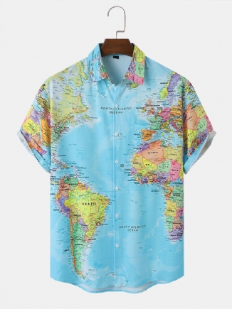 Herren Allover Map Graphic Saum Bündchen Leisure Fit Hautfreundliche All Matched Shirts