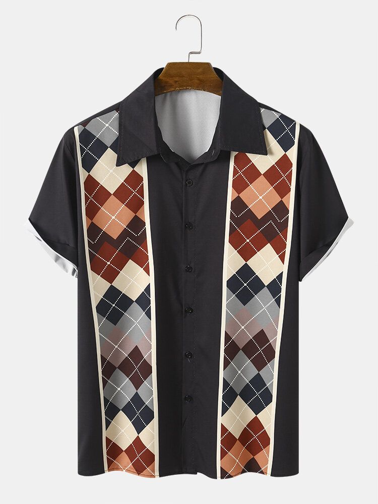 Herren Argyle Geometrisch Patchwork Saum Manschette Kurzarm Weich Bequeme Hemden