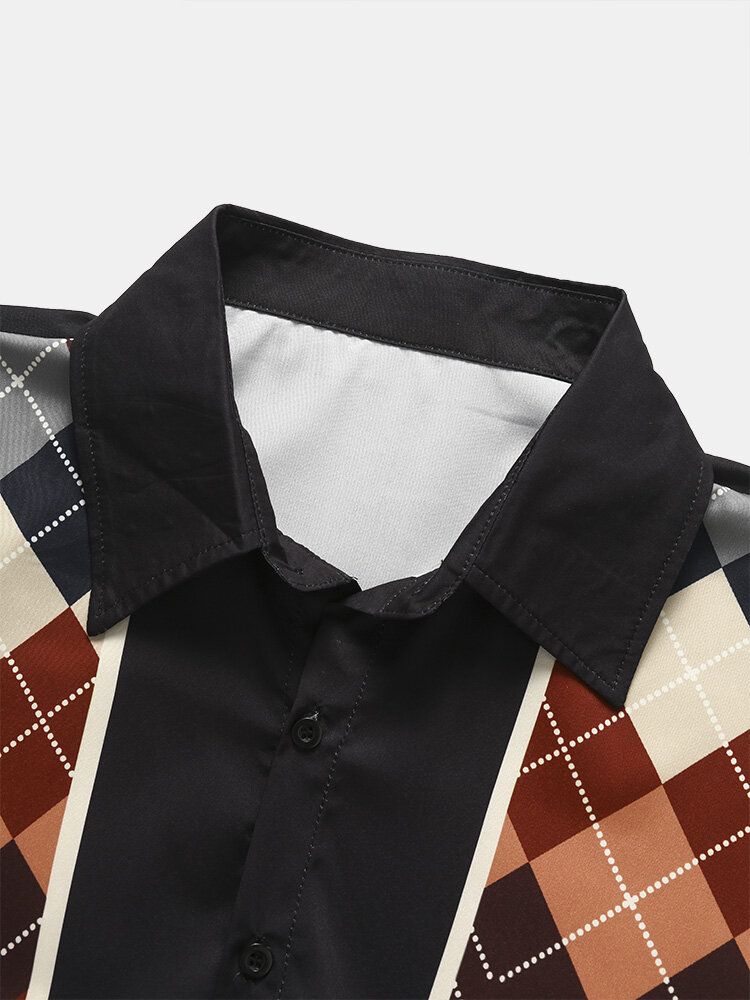 Herren Argyle Geometrisch Patchwork Saum Manschette Kurzarm Weich Bequeme Hemden