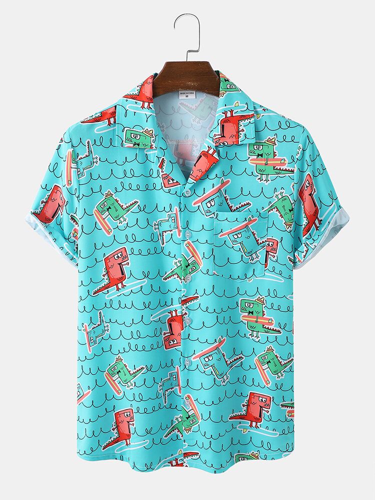 Herren Bademode Mit Lustigem Dinosaurier-print Eis-seide Bequeme Reverskragen-hemden Im Hawaii-stil