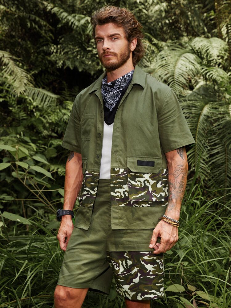 Herren Camo Patchwork Utility Short Sleeve Cargo Alle Aufeinander Abgestimmten Hautfreundlichen Hemden