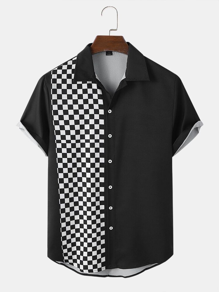 Herren Checkerboard Patchwork Color Block Front Buttons Freizeithemden