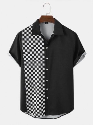 Herren Checkerboard Patchwork Color Block Front Buttons Freizeithemden