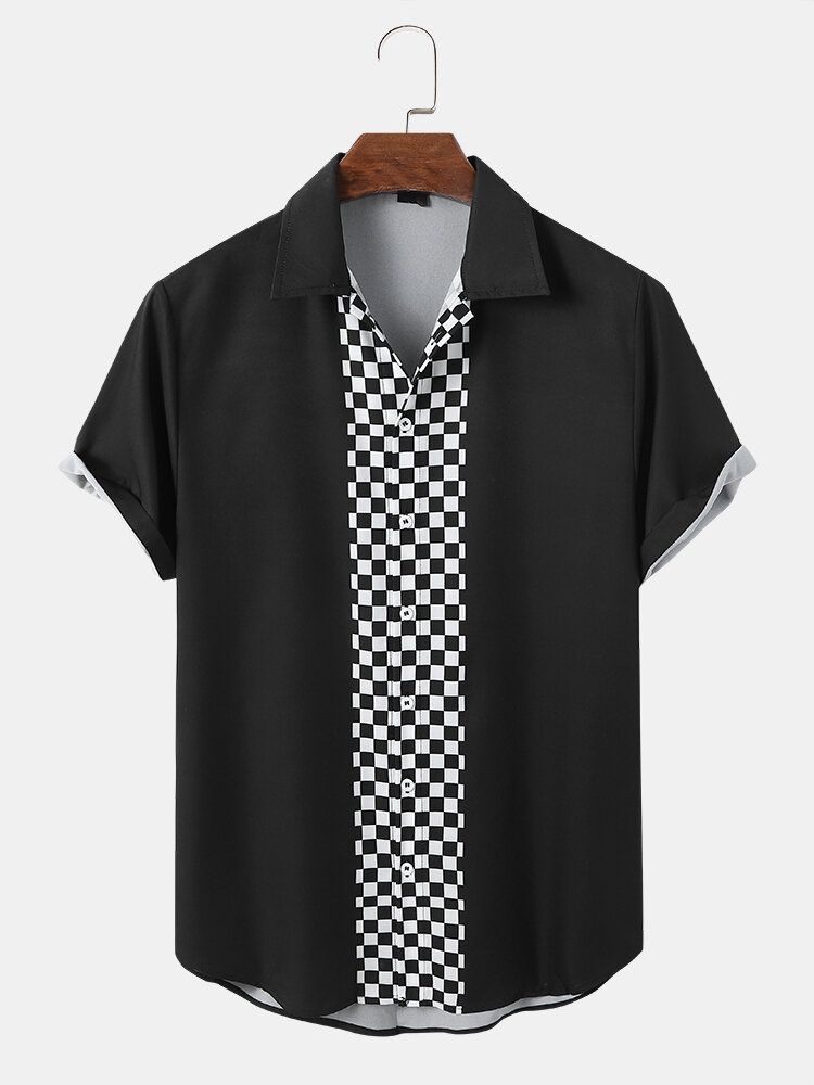 Herren Checkerboard Patchwork Color Block Front Buttons Freizeithemden