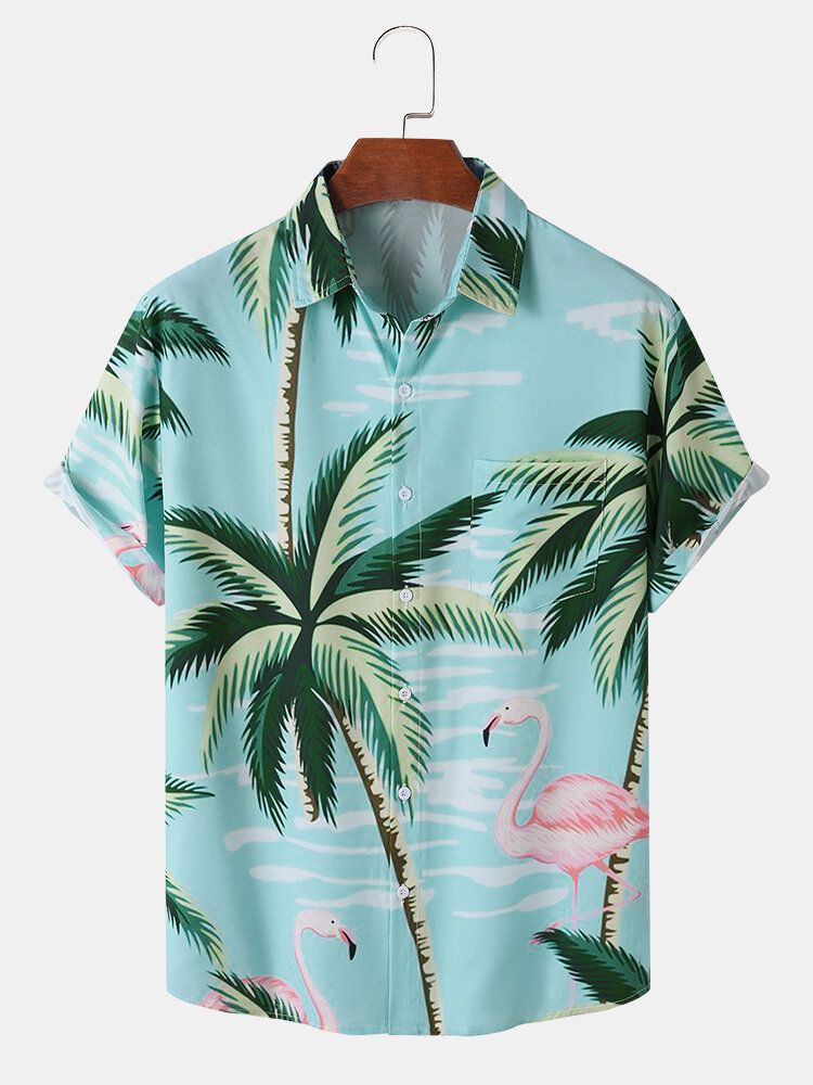 Herren Coconut Tree Crane Print Freizeithemden Mit Kurzen Ärmeln Vorne