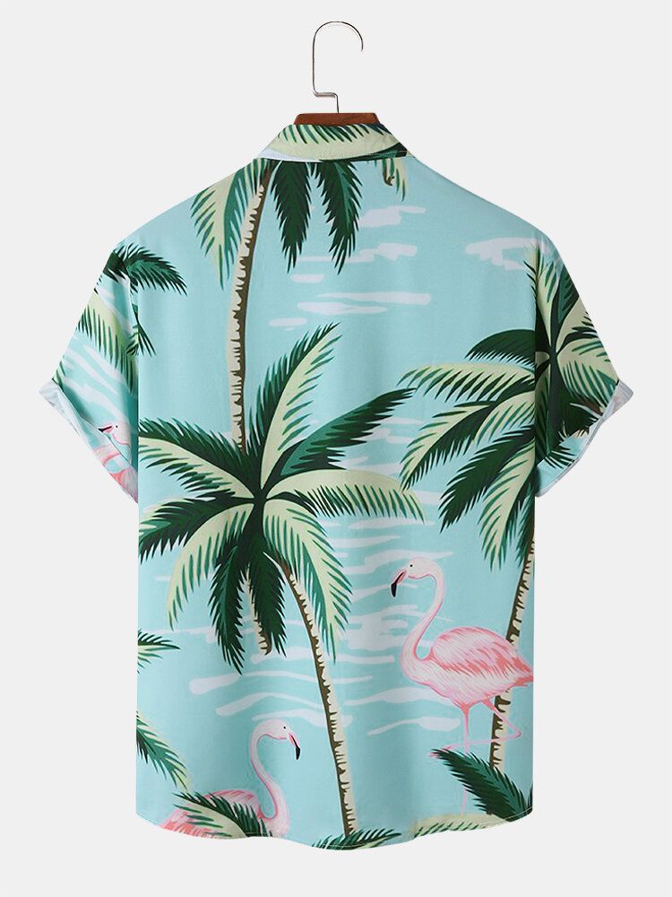 Herren Coconut Tree Crane Print Freizeithemden Mit Kurzen Ärmeln Vorne