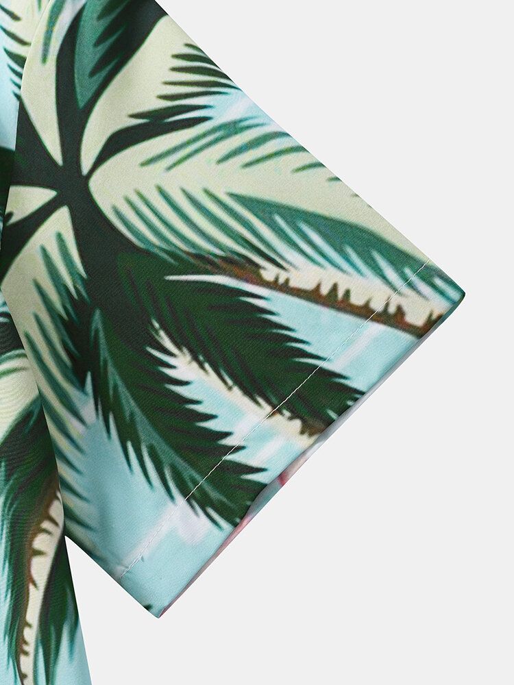 Herren Coconut Tree Crane Print Freizeithemden Mit Kurzen Ärmeln Vorne