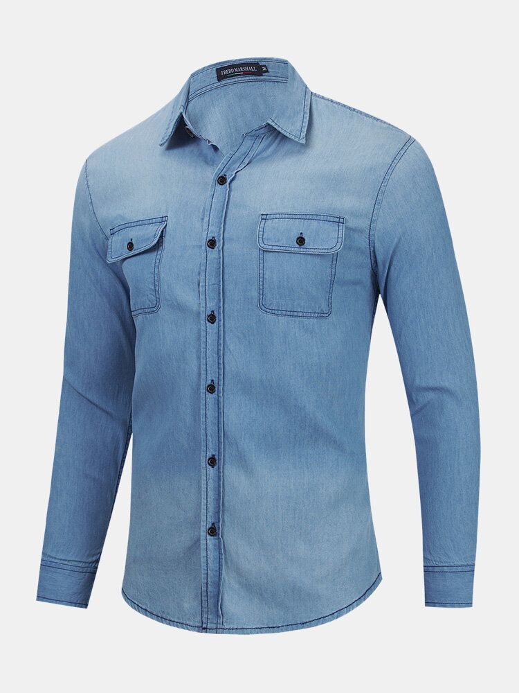 Herren Denim Brusttaschen Button Up Lässige Langarmhemden