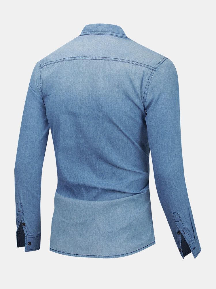 Herren Denim Brusttaschen Button Up Lässige Langarmhemden