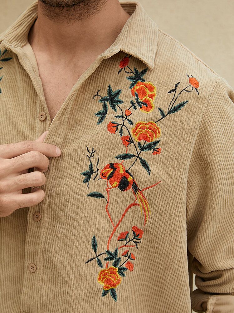 Herren Einfarbige Stickerei Floral Cord Langarm Knöpfe Lässige Henley-hemden