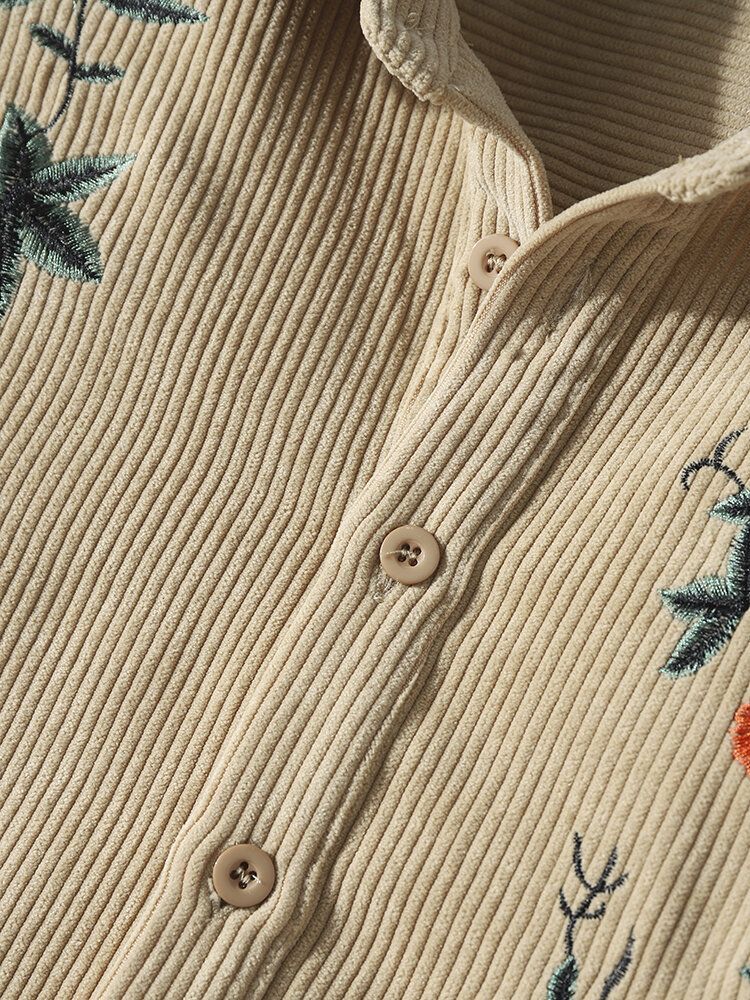 Herren Einfarbige Stickerei Floral Cord Langarm Knöpfe Lässige Henley-hemden