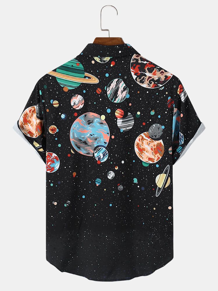 Herren Galaxy Planet Print Schwarze Hemden Mit Revers