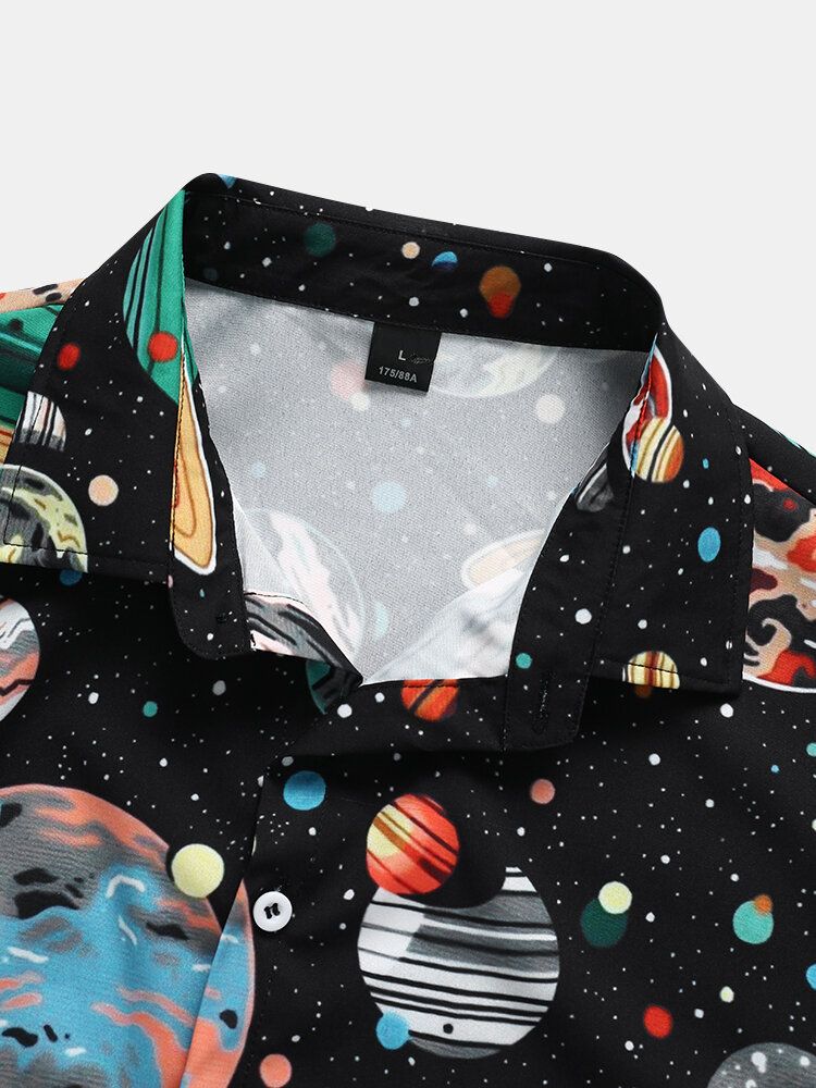 Herren Galaxy Planet Print Schwarze Hemden Mit Revers