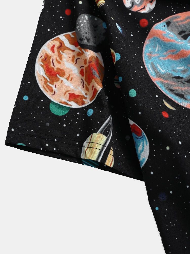 Herren Galaxy Planet Print Schwarze Hemden Mit Revers