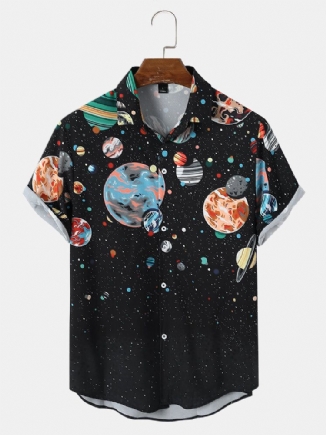 Herren Galaxy Planet Print Schwarze Hemden Mit Revers