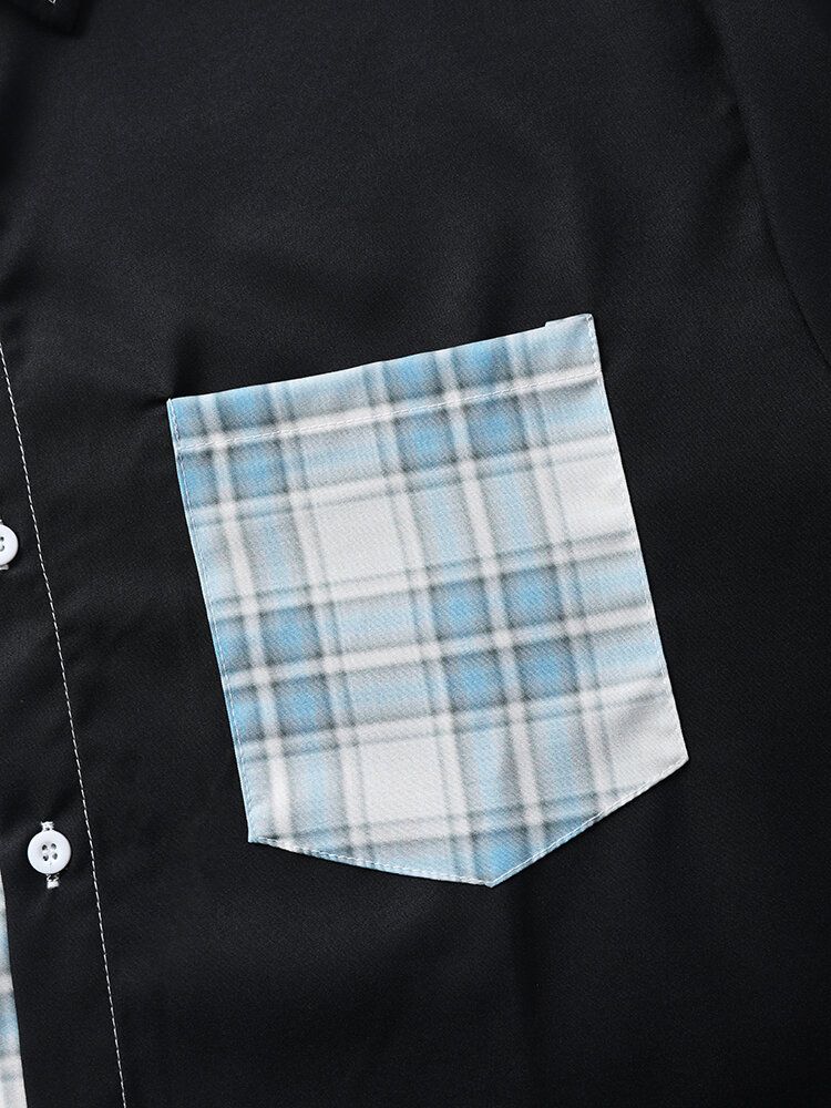 Herren-gingham-patchwork-hemden Mit Reverskragen Und Abgerundetem Saum