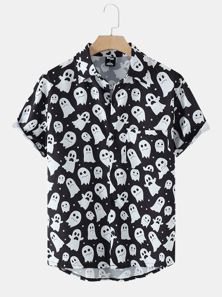 Herren Halloween Allover Ghost Print Button Up Pocket Freizeithemden