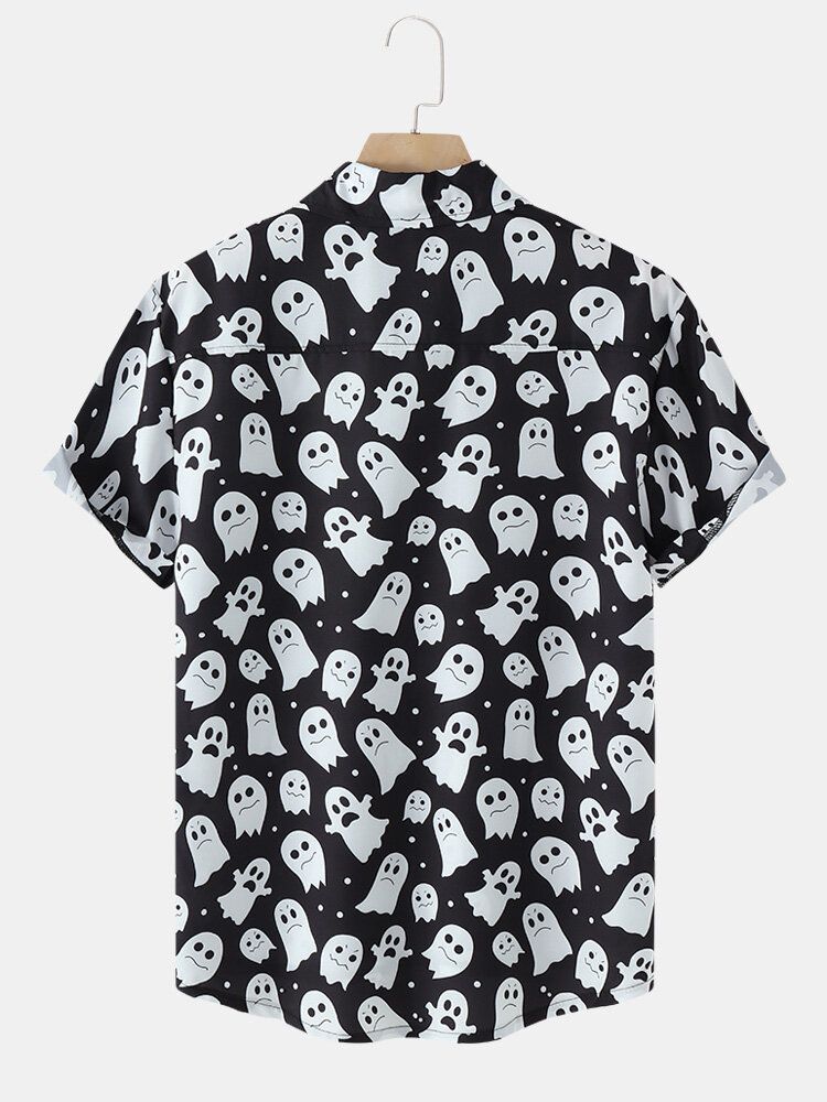 Herren Halloween Allover Ghost Print Button Up Pocket Freizeithemden