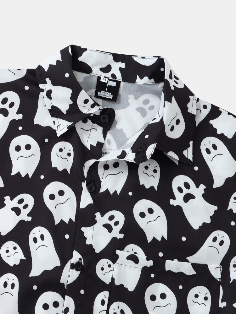 Herren Halloween Allover Ghost Print Button Up Pocket Freizeithemden