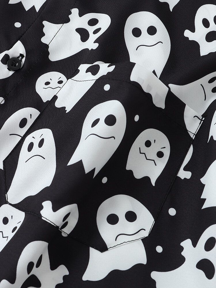 Herren Halloween Allover Ghost Print Button Up Pocket Freizeithemden