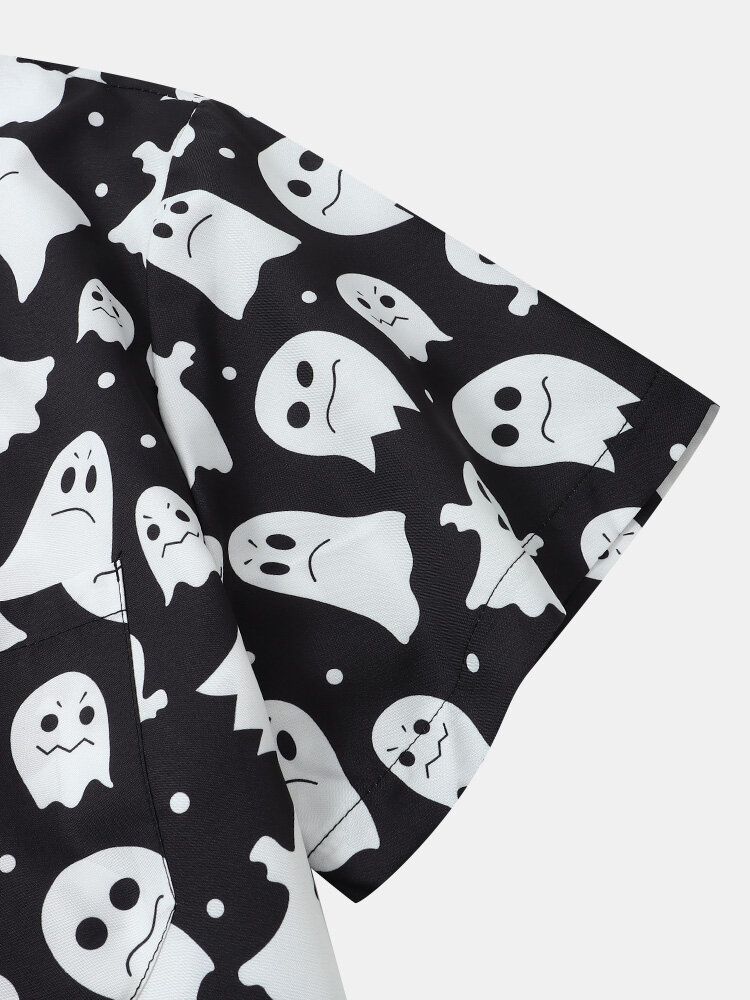 Herren Halloween Allover Ghost Print Button Up Pocket Freizeithemden