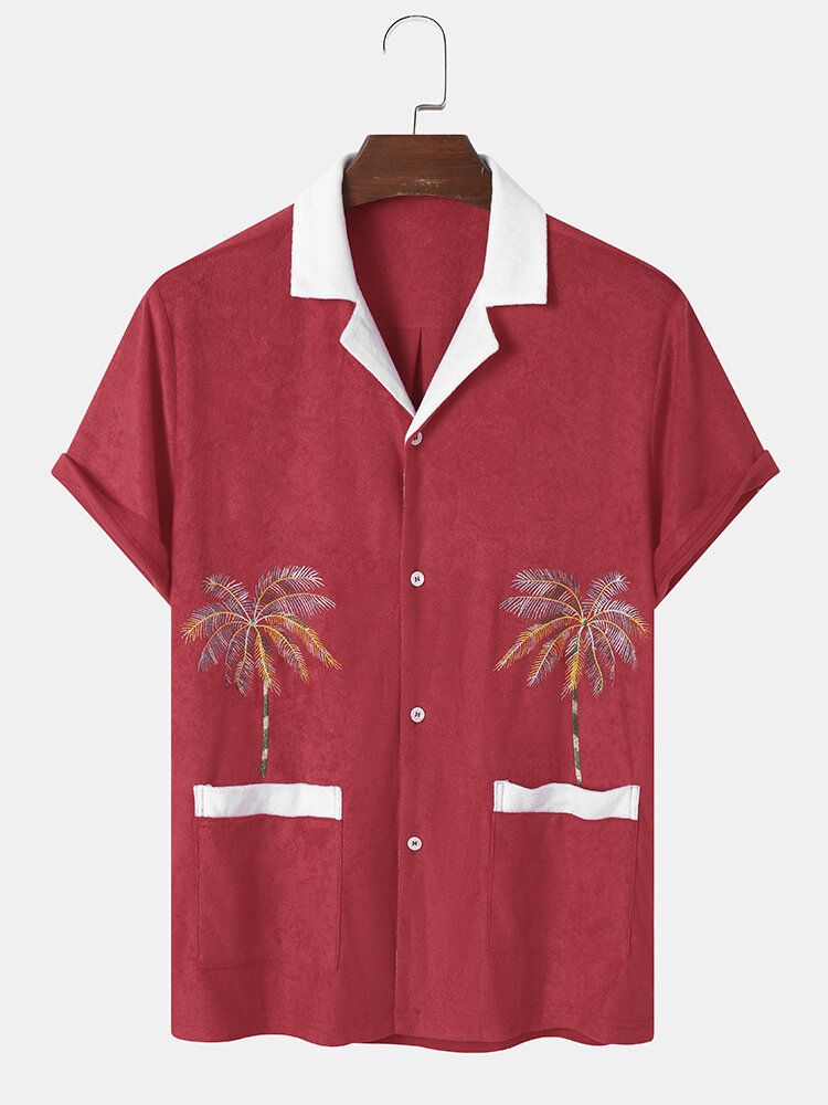 Herren Handtuch Coconut Tree Print Double Pocketsrevere Collar Holiday Shirts