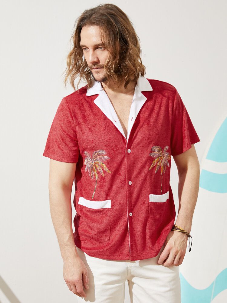 Herren Handtuch Coconut Tree Print Double Pocketsrevere Collar Holiday Shirts