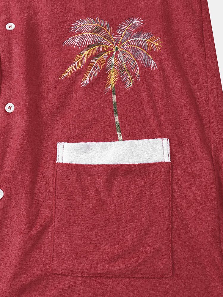 Herren Handtuch Coconut Tree Print Double Pocketsrevere Collar Holiday Shirts