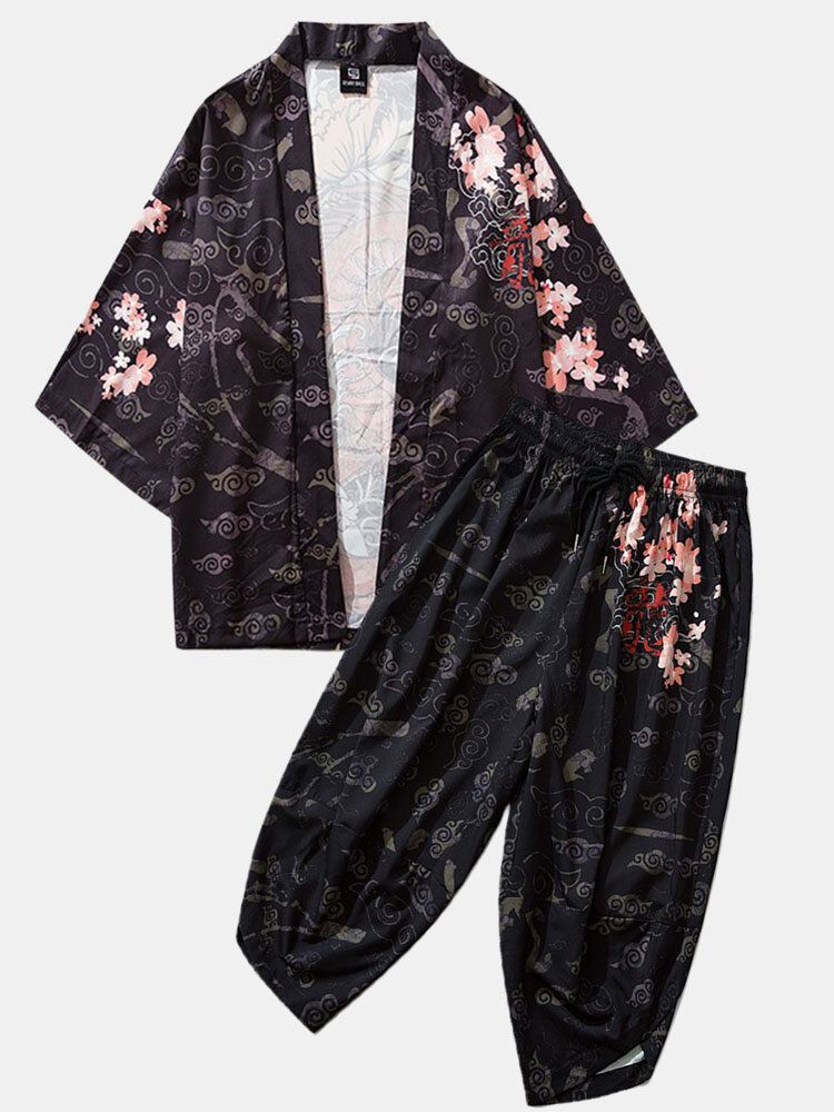 Herren-kimono Im Ethno-stil Loong Gragon-druck Mit Elastischer Taille Zweiteilige Outfits