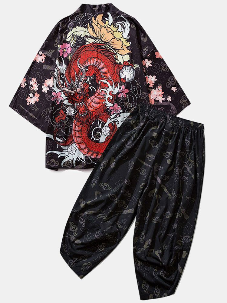 Herren-kimono Im Ethno-stil Loong Gragon-druck Mit Elastischer Taille Zweiteilige Outfits